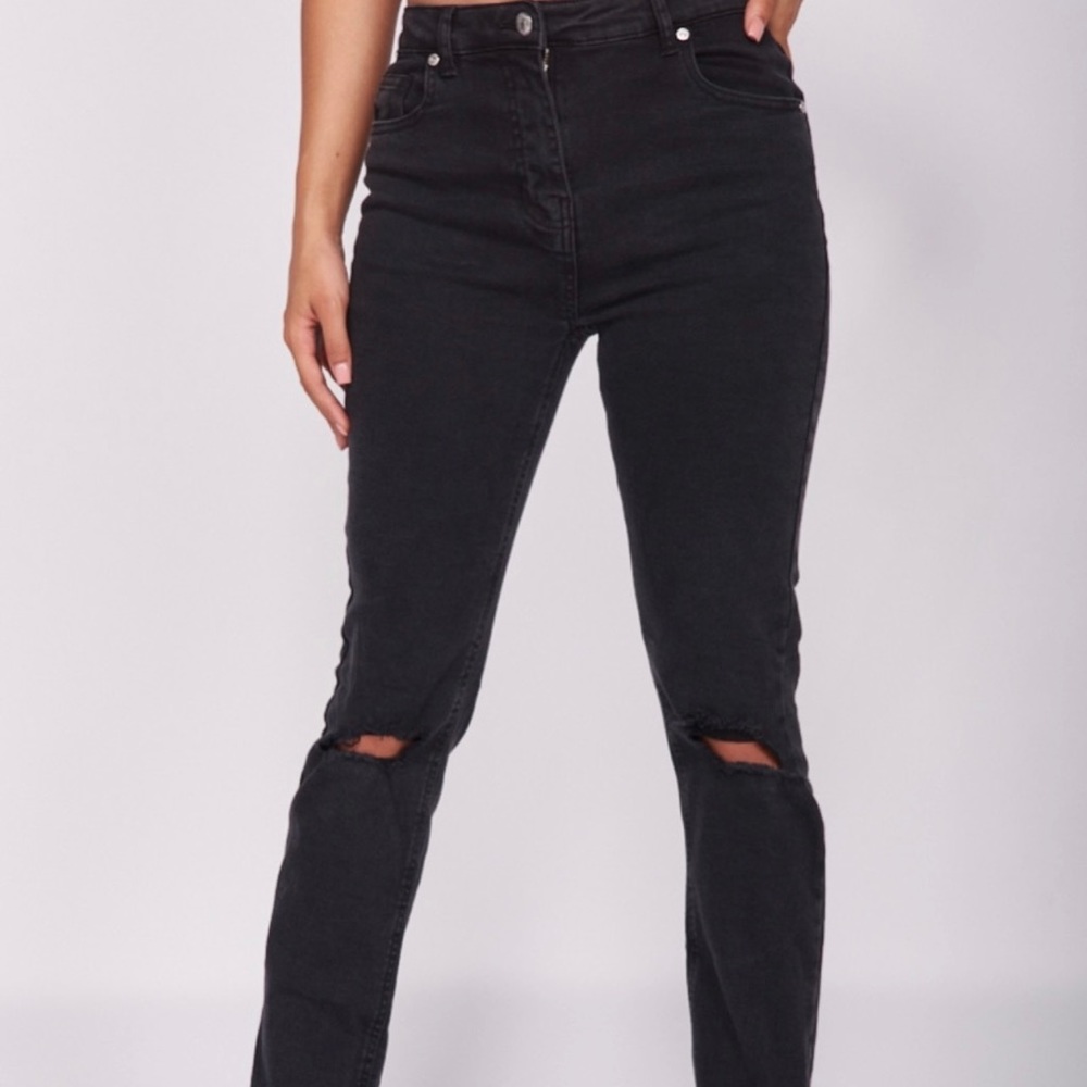Charcoal Distressed Knee Rip Straight Leg Jeans
